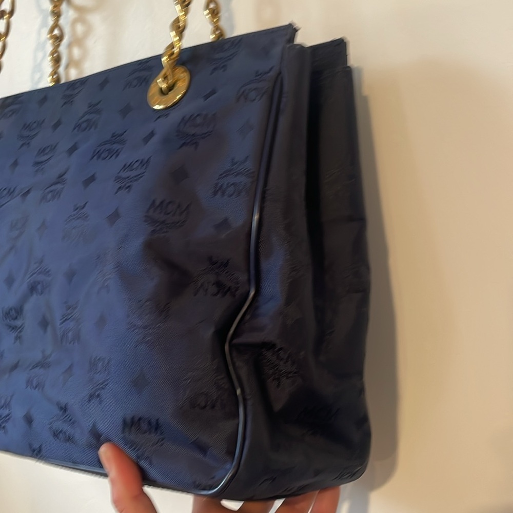 MCM Visetos Pattern Nylon Chain Tote Bag Shoulder Navy x Gold - Picture 5 of 8